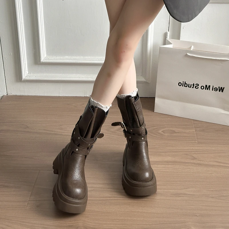 Lined Warm Women Platform Mid Calf Boots Multi Buckle Strap Faux Leather Shoes Casual Autumn Thick Sole Motorcycle Boots