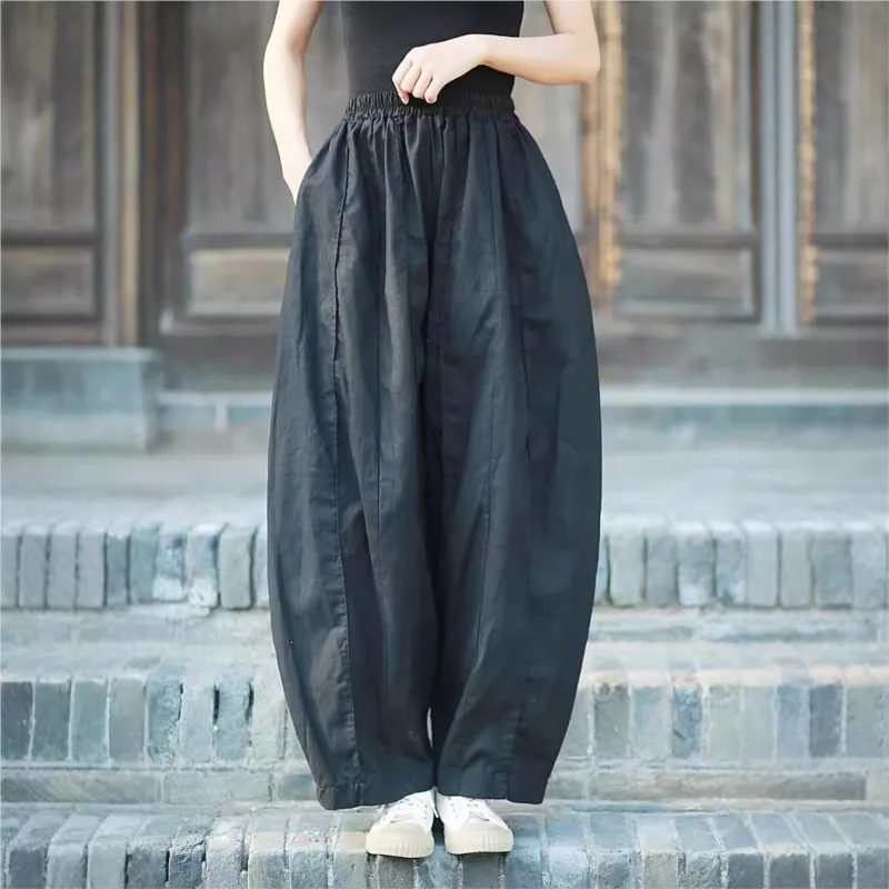 Johnature 2024 Woman Winter New Niche Linen Loose Casual Bloomers Pants Fashion Elasticated Waist Retro Vintage Style Pants