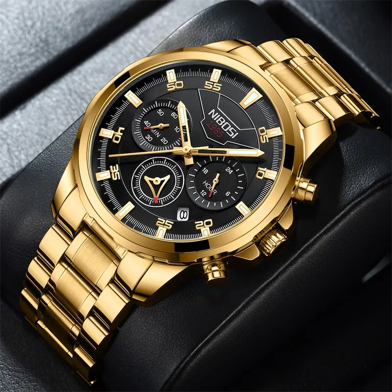 NIBOSI Fashion Mens Watches Top Brand Luxury Gold Stainless Steel Strap Sport Chronograph Quartz Watch for Men Relogio Masculino