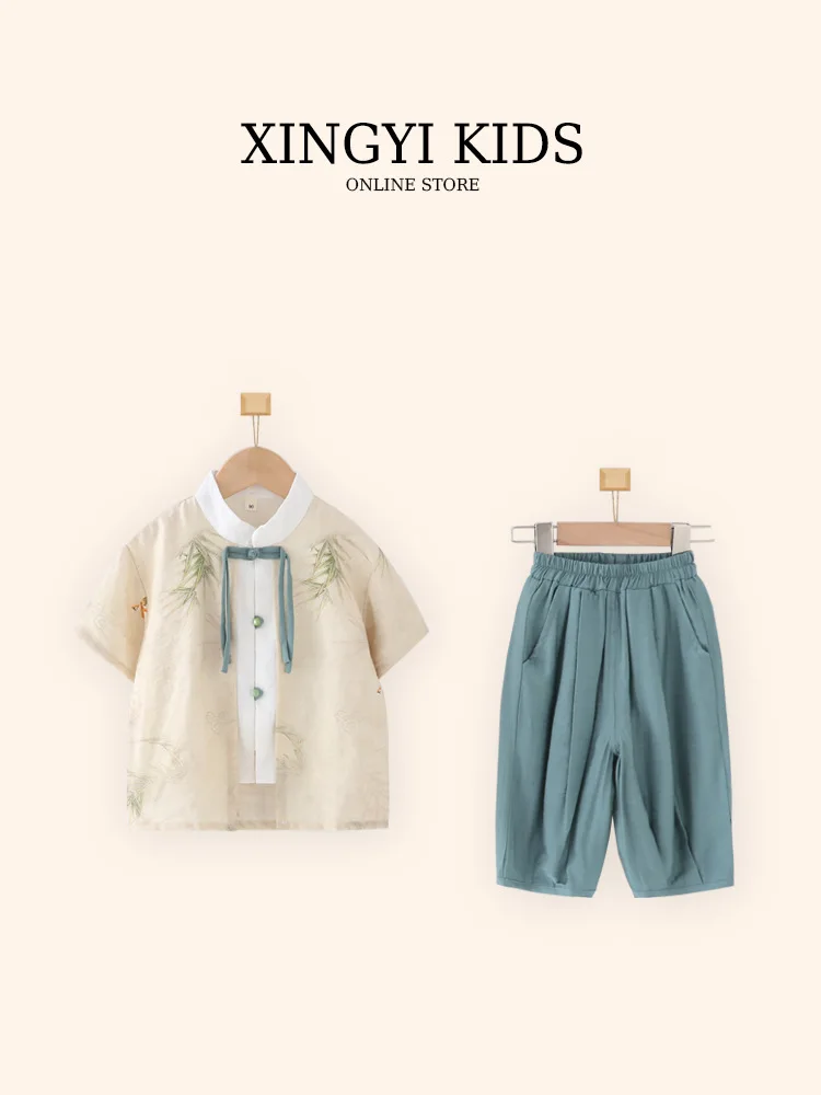 

Children's Hanfu, Boys' Short Sleeved Set, Summer Chinese Style New Fake, Two Pieces Of May Day Kindergarten Performance Suit