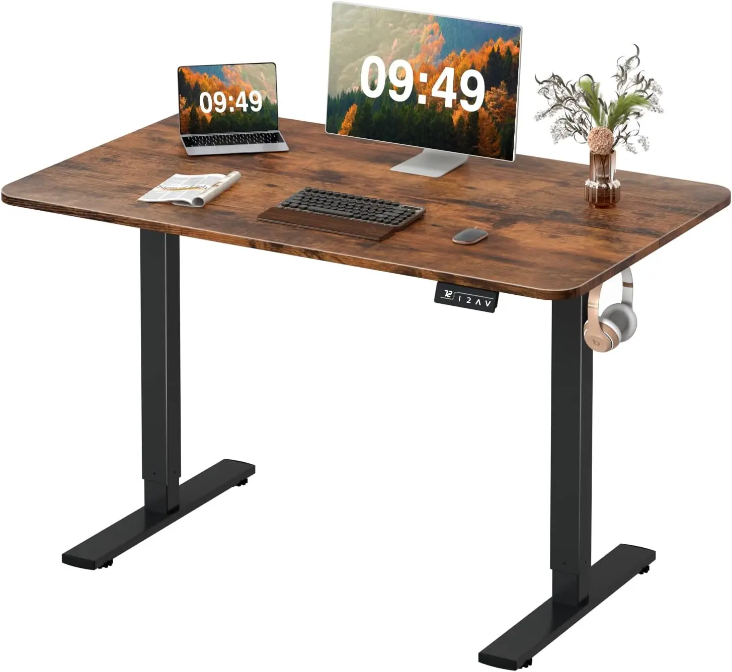 Height adjustable \ 48 x 24 inch sit up desk, home office computer desk, memory preset, with T-shaped metal bracket, brown