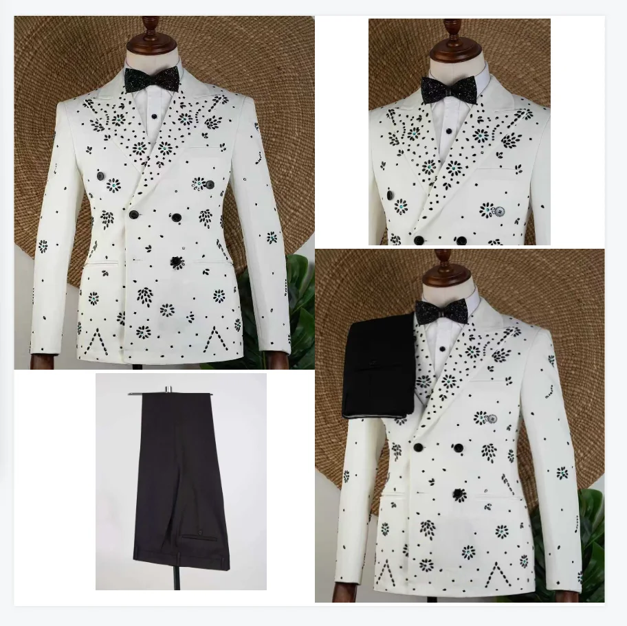

White Men Suits 2 Piece Blazer+Pants Luxury Stone Crystals Wedding Tuxedo Coat Customized Formal Office Business Jacket Trousers