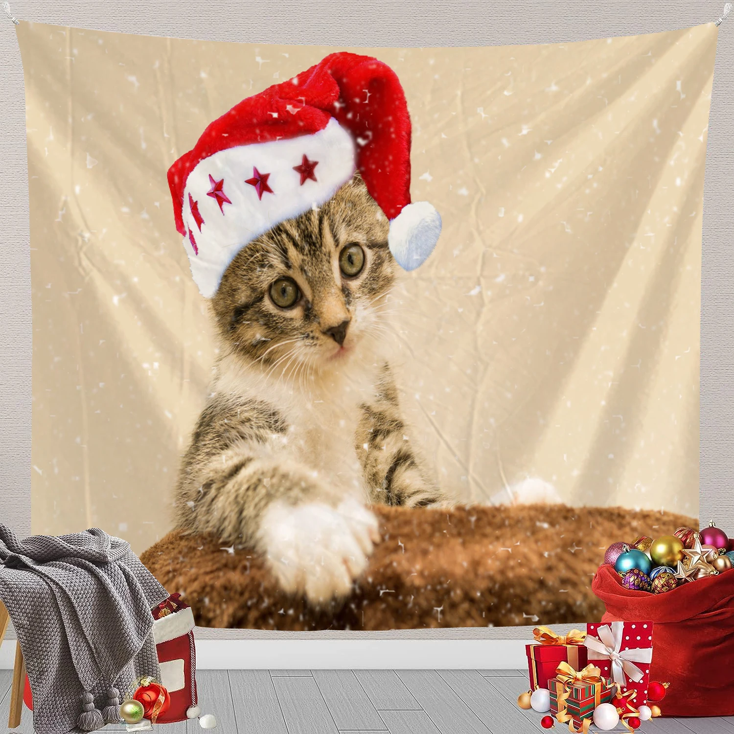 Christmas Cat Tapestry Wall Art Mural Decoration Photo Background Blanket Curtains Family Bedroom Living Room Decoration