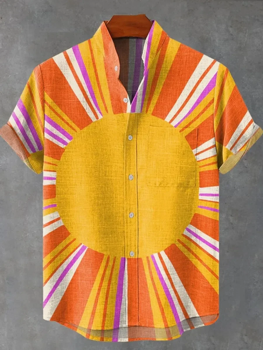New Men's Abstract Painted Sun Pattern 3D Printed Short Sleeve Lapel Business Casual Shirt Beach Vacation Party Outdoor Top
