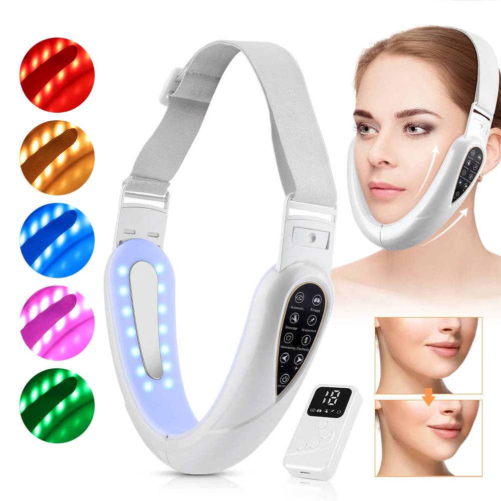 Levantador elétrico de rosto em v, cinto de massagem facial ems, removedor de queixo duplo, led, 5 modos, dispositivo de beleza firmador com controle remoto