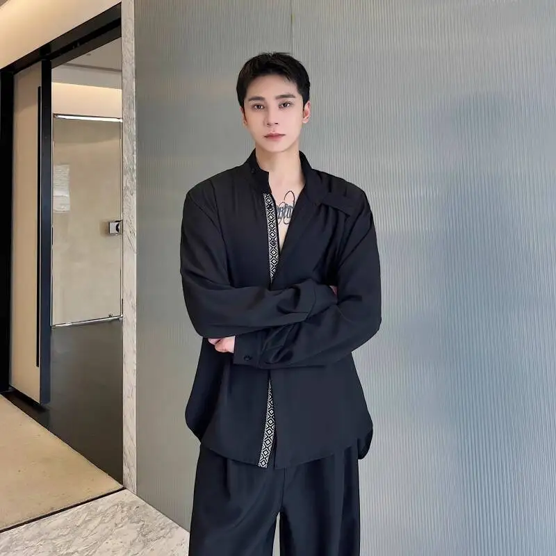 

SYUHGFA 2025 мужские рубашки в корейском стиле с воротником-стойкой контрастного цвета в стиле пэчворк, однобортная новая осенняя однобортная мужская одежда