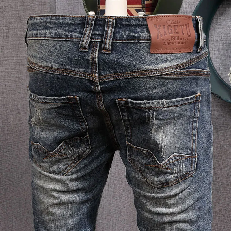 Italian Style Fashion Men Jeans High Quality Retro Washed Blue Elastic Slim Fit Ripped Jeans Men Vintage Designer Denim Pants