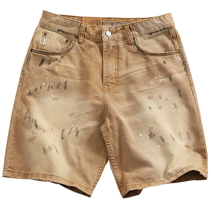 

Workwear denim shorts for men, retro, distressed, washed, durable, street fashion, high-end five quarter pants