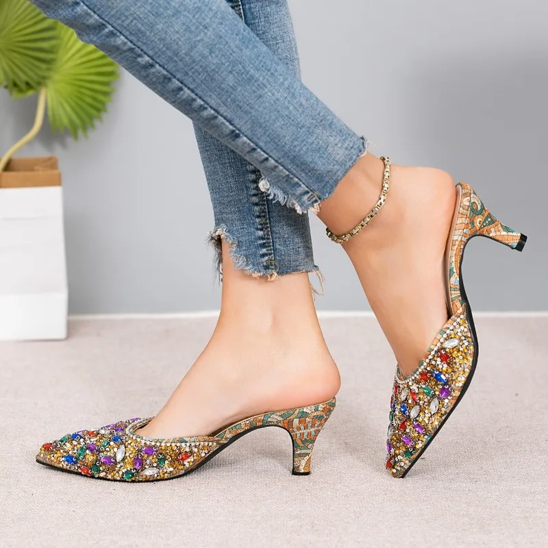 Luxury Rhinestone Kitten Heel Slippers Women Pointed Tou Slides Designer mules Party Shoes Fashion Shiny Heels Women Sandals view 5