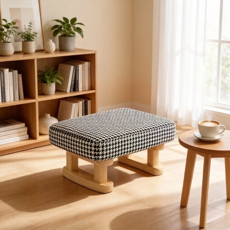 Solid Wood Square Stool Creative Fabric Sofa Low Stool for Living Room Home Use