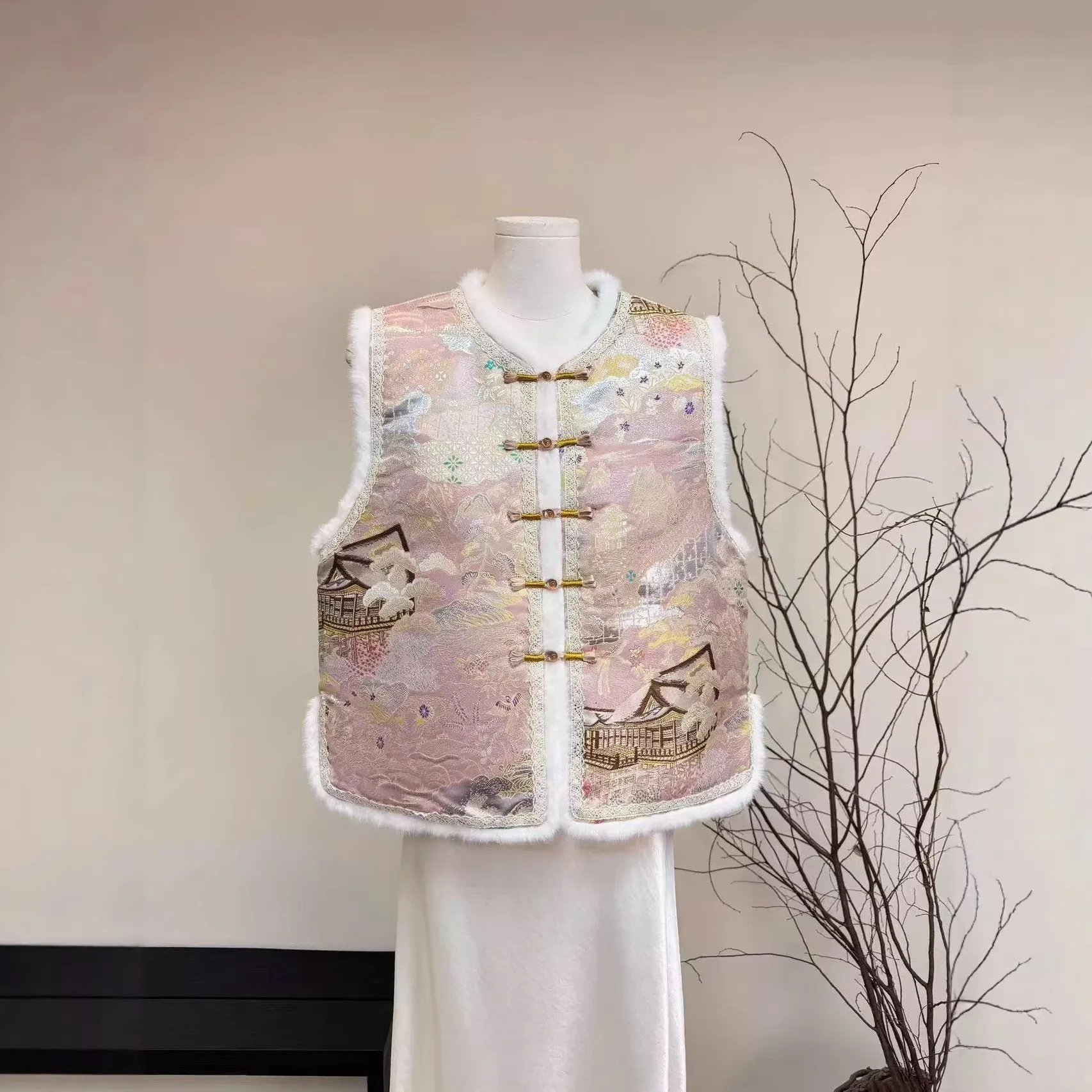 

Новинка 2025, парчовый жаккардовый жилет с воротником-стойкой династии Сун, винтажный жилет с хлопковым жилетом, легкое роскошное теплое пальто