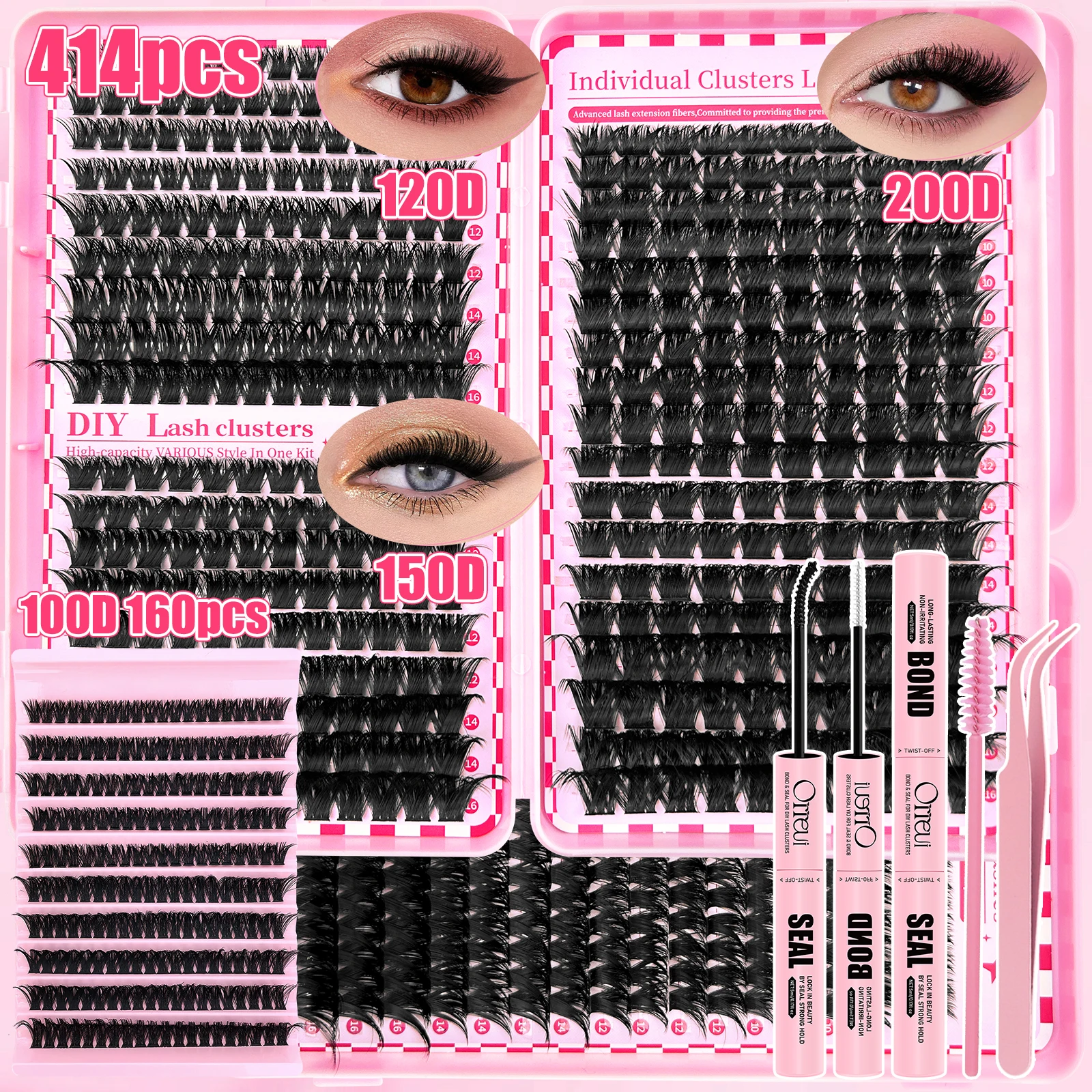 Faux cils, kit d'extension de cils avec colle adhésive et fixante, pince à épiler et brosse - Cils volumineux 60D/80D/100D/120D/150D/200D
