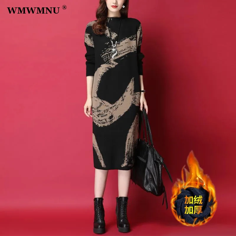 

Winter Plus Velvet Casual Print Straight Dress Women 5Xl 4Xl Vintage Long Sleeve Knee-Length Bottoming Dresses Elegante Vestidos