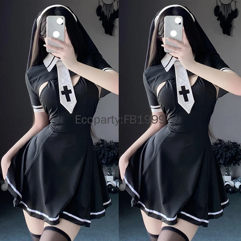 Fantasia de Cosplay de freira sexy para mulheres, Anime bonito, Uniforme Lingerie, Vestido com Headwear, Desempenho do Dia das Bruxas, Vestido extravagante