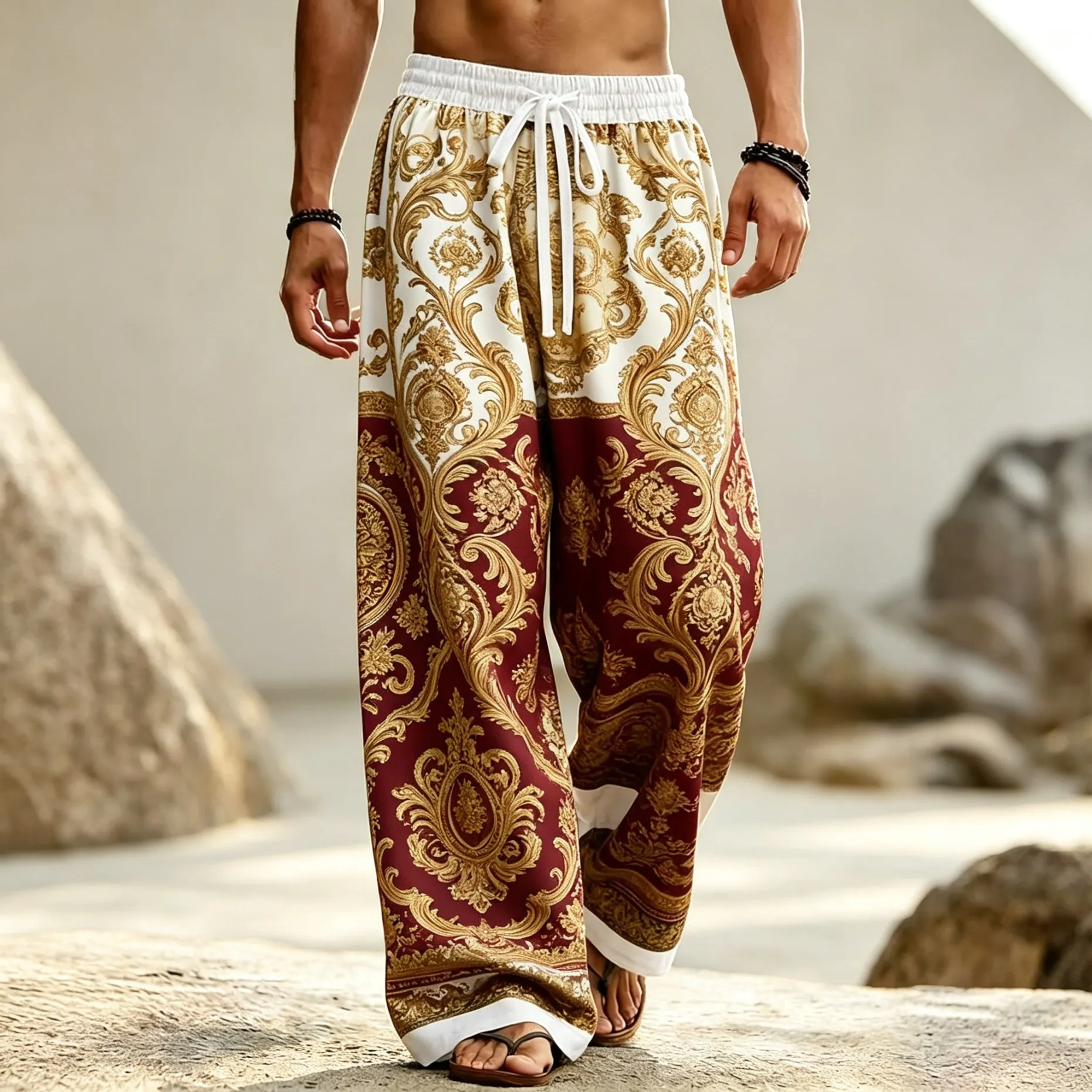 Men's Baroque Ornate Floral Print Drawstring Wide Leg Pants, Casual Loose Trousers For Spring Summer Beach & Daily Wear