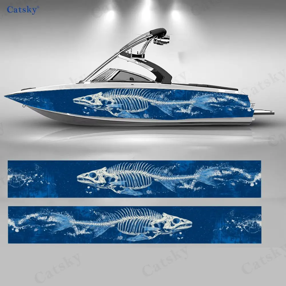 Blue Background Fish Skeleton Boat Stickers, PVC Waterproof Vinyl Wrap Decals for Fishing Boats, Durable and Stylish Design