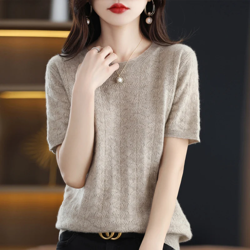 

O-neck knitted cashmere sweater Women's knitted pullover 100% merino wool short sleeve 2023 new women's clothing fashion top