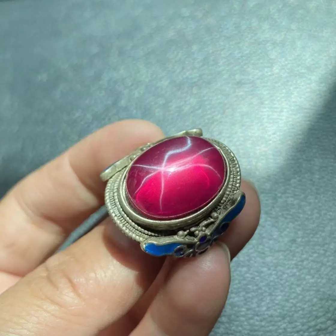 Antique Miscellaneous Vintage Copper Tibetan Silver Cloisonne Handset Starlight Ring