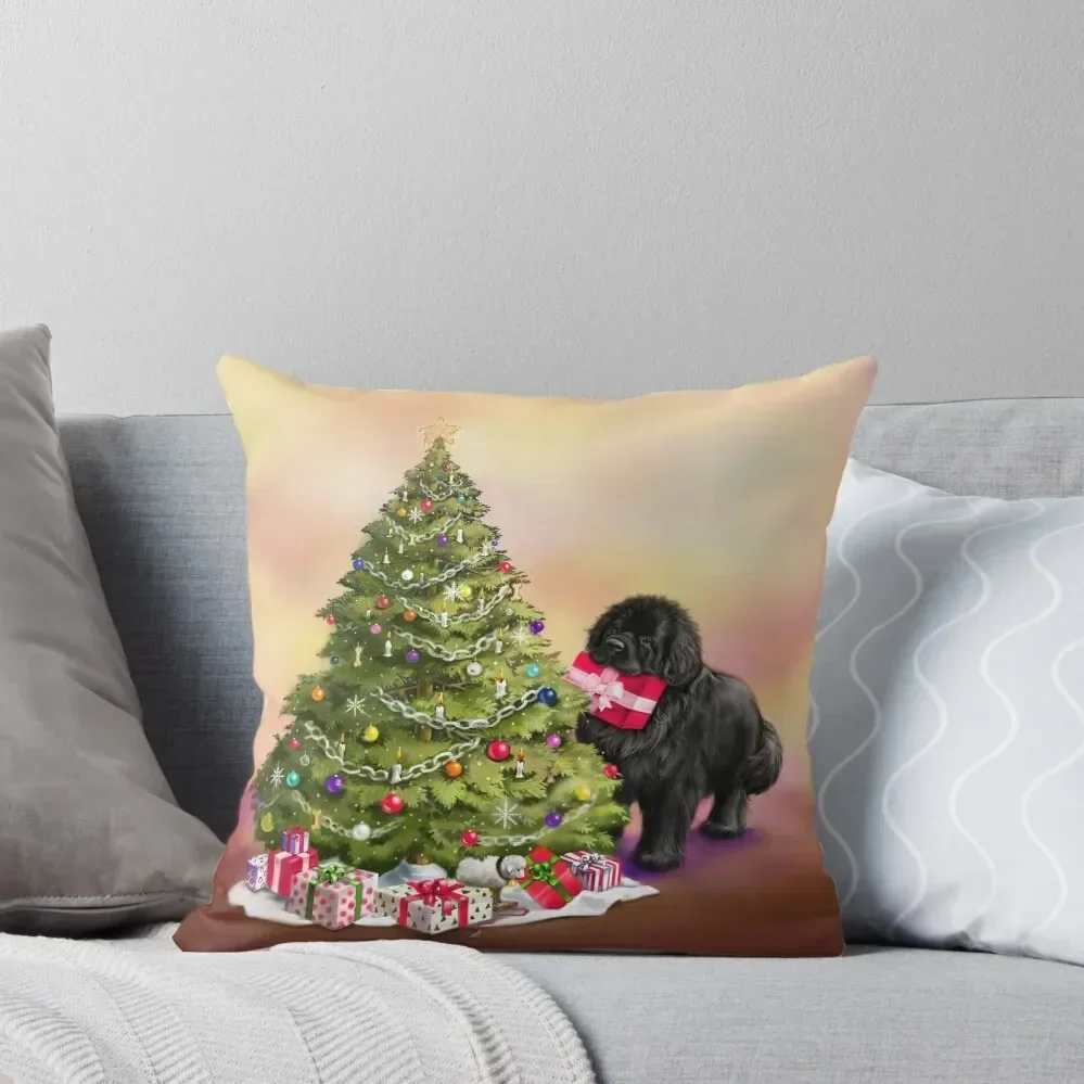 Newfie and Christmas Presents and Tree Throw Pillow pillow cover luxury Ornamental Pillow