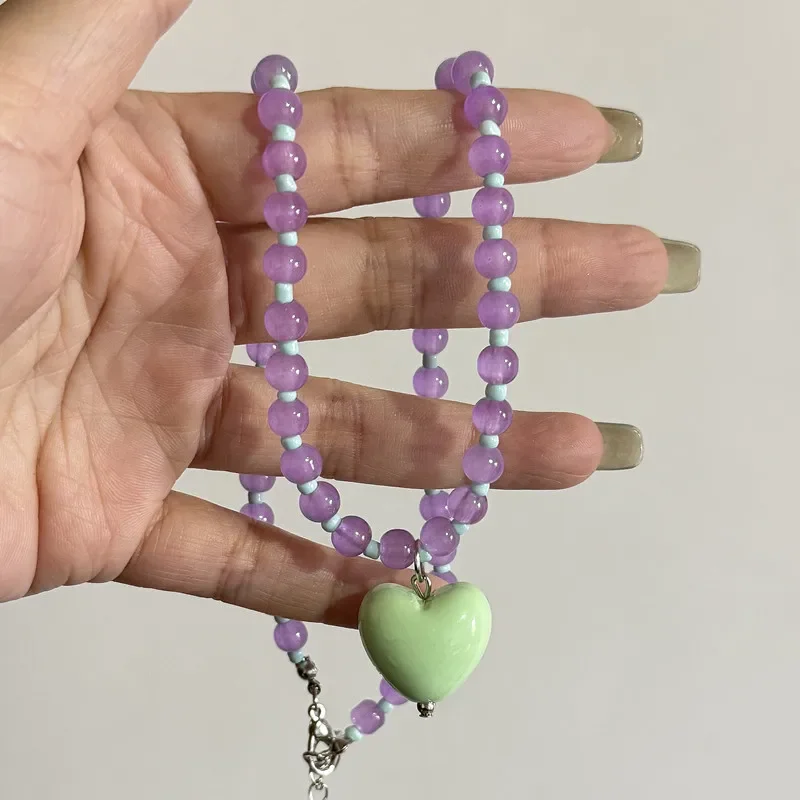 Y2K Girls Love Pendant Necklace with Glass Beads And Acrylic Ceramic Fish Summer Sweet Fashion Jewelry Accessory