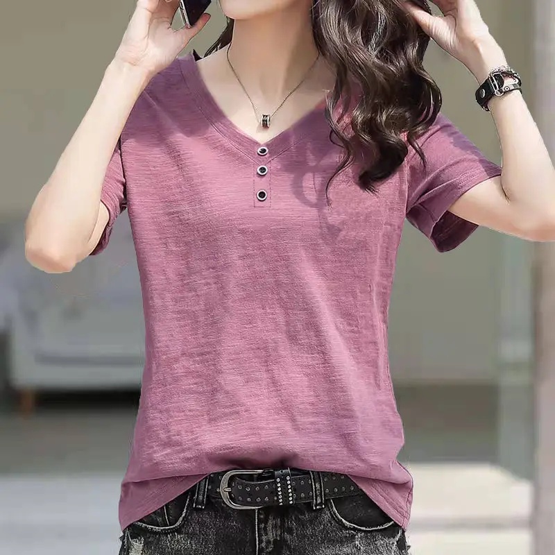 V Neck Top for Women Plain T Shirts Female Short Sleeve Pulovers Yellow Cotton Linen Tees Luxury New In Tall Sexy Slim O Clothes