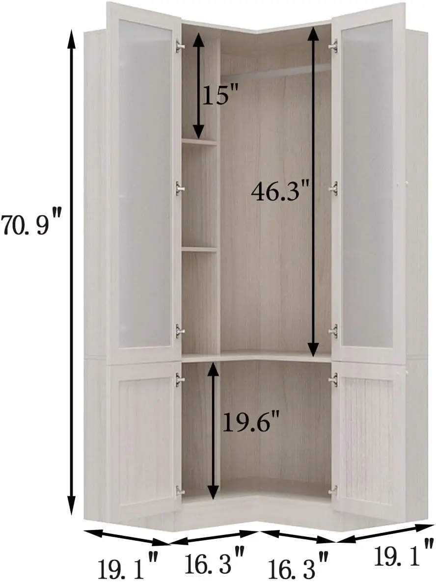 L-Shape Wardrobe Armoire Closet with Hanging Rod, Frosted Glass Doors, Gold Knobs, Wood Grain Finish, 35.4”D x 35.4”W x 70.9”H