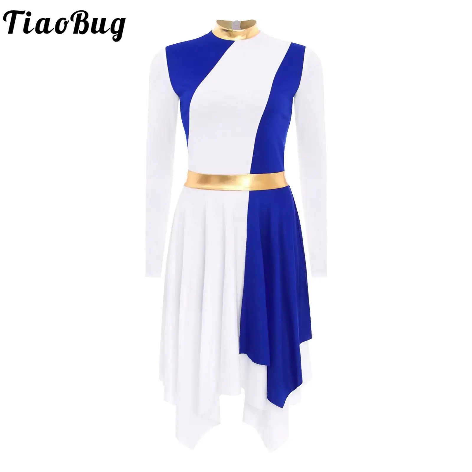 

Women Praise Dance Performance Costume Lyrical Worship Robe Dance Long Sleeve Zipper Asymmetrical Hem Color Block Tunic Dress