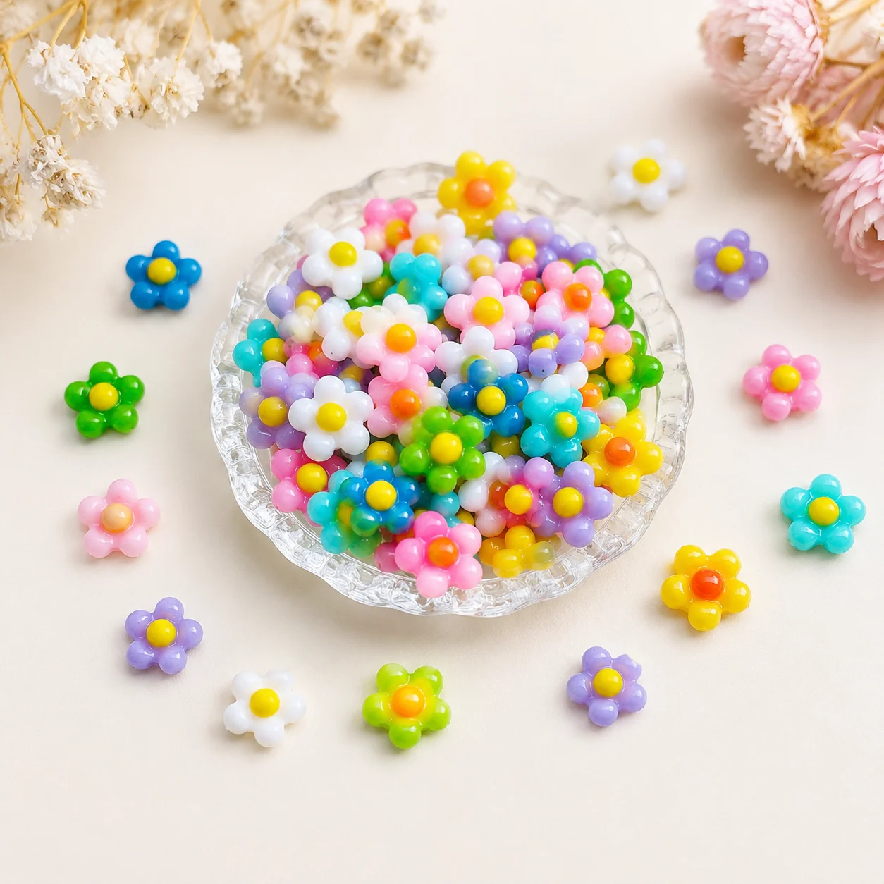 50pcs Mini Flower Colorful Five Petal Plumeria Flower Charms Miniature Model DIY Accessories Desktop Decor Craft Supplies