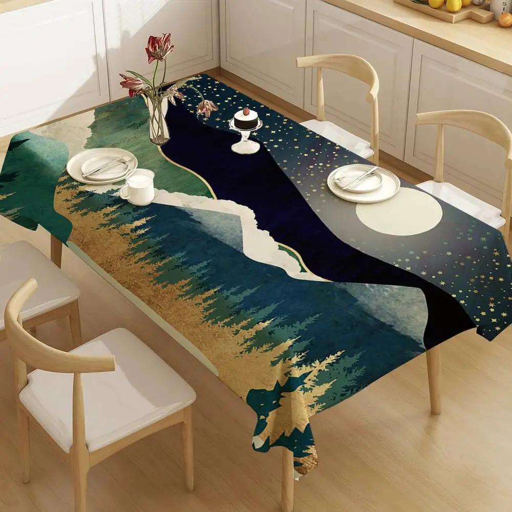 Art Gold Mountains And Moon Tablecloth Table Cover Christmas Picnic Party Birthday Wedding Waterproof Desk Cloth Table Decor