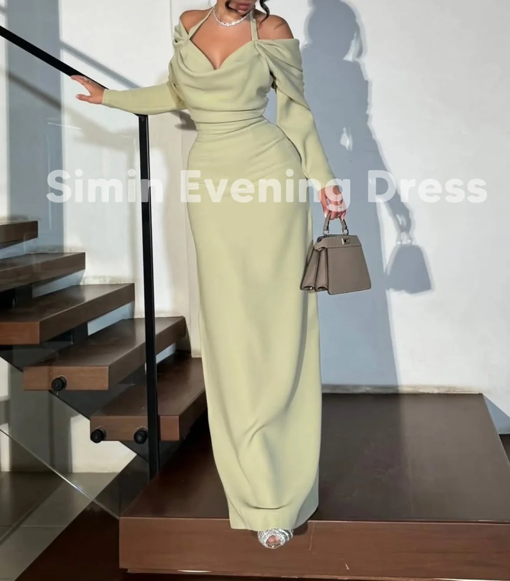 심인 홀터 카울넥 엠파이어 시스 플로어 기장 러플 사우디 이브닝 드레스 롱 슬리브 파티 드레스 여성용 2025