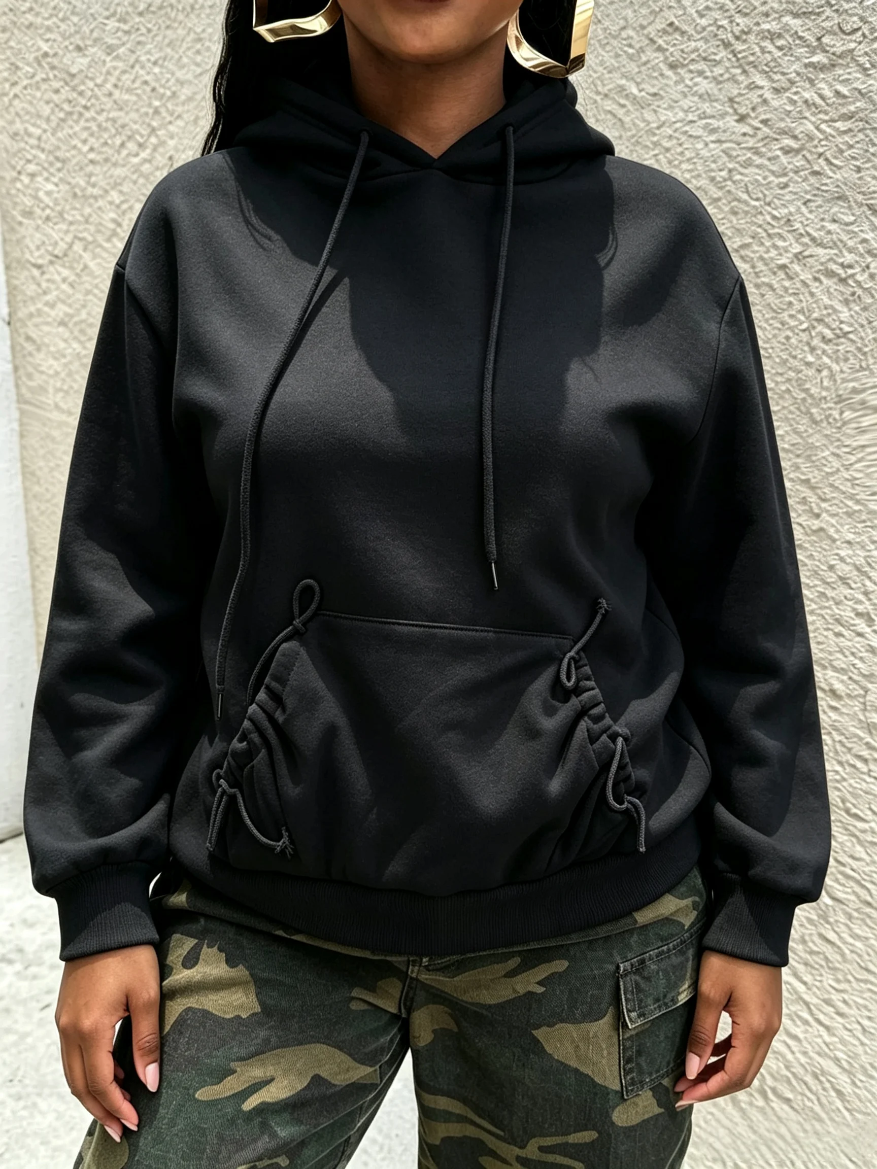Women Drawstring Ruched Pocket Hoodie Solid Color Long Sleeve Drawstring Hood Loose Pullover Sweatshirt Fall Winter Casual Stree