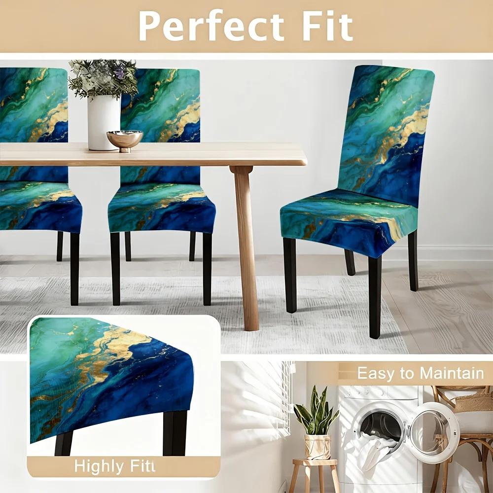 2/4/6pcs Luxury Teal Blue Gold Marble Fluid Art Print Stretch Dining Chair Cover, Removable Washable Chair Slipcover