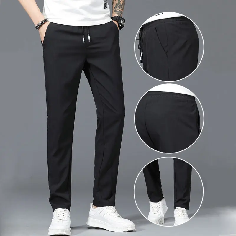 New Ice Silk Pants Men's Loose Straight Casual Men's Summer Thin Quick-drying Trousers Elastic Men's Sports Pants