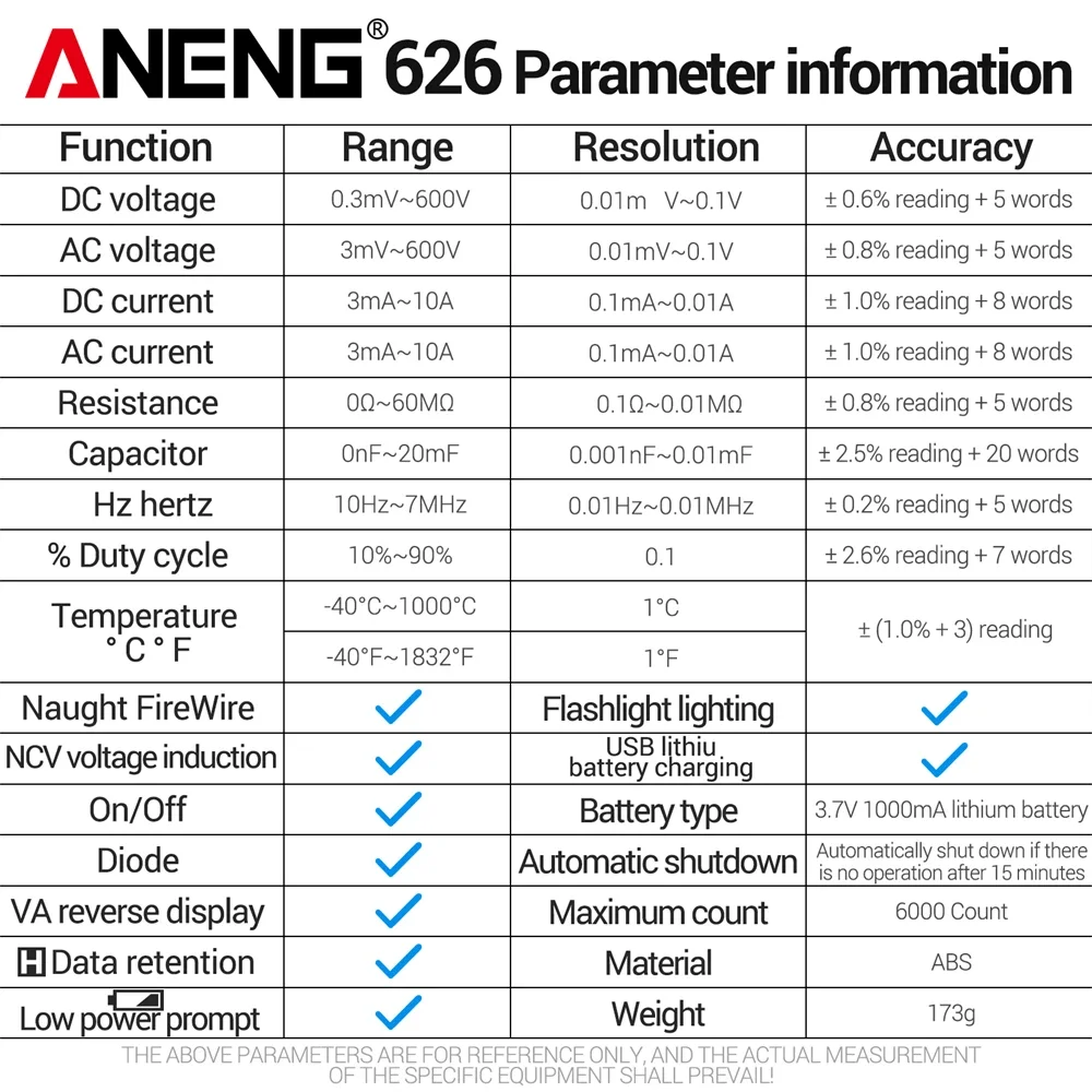 ANENG 626 Multimeter NCV Zero Fire Wire Identification -40~1000℃ Temperature Diode Continuity Flashlight Circuit Repair Tool