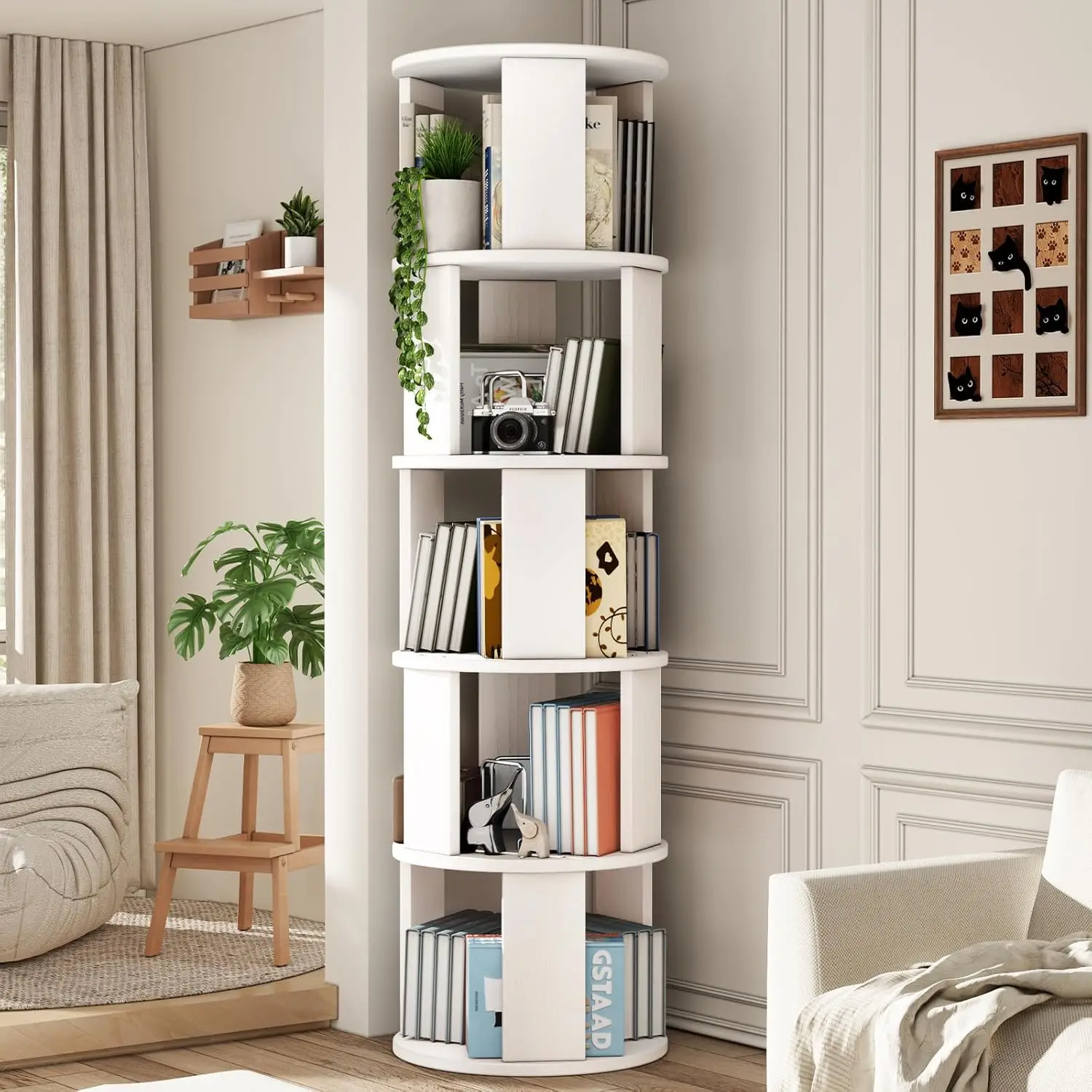 

5 Tier Rotating Bookshelf Tower, 360° Display Round Bookcase, Floor Standing Corner Revolving Bookshelf Organizer Stora