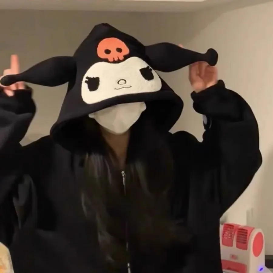 Sanrios Kuromi Zip Up Hoodie Women Y2K Kawaii Velvet Cardigan Men Women Autumn Winter New Loose Couple Jacket Zipper Tops Trendy