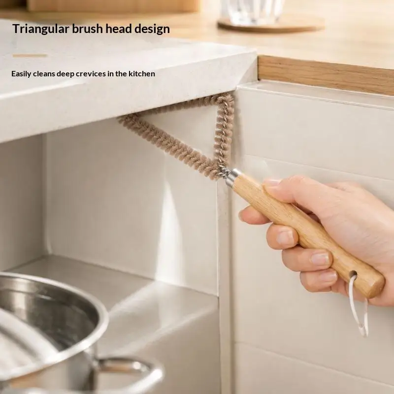 Wooden Long Handle Grout Brush Triangle Hard Bristle Gap Cleaner With Hanging Loop Household Scrubber Supplies