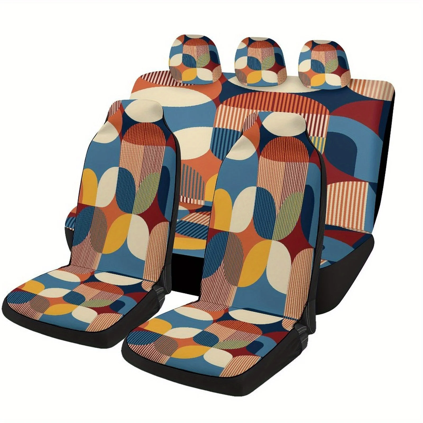 Geometric Shapes Pattern Designed Car Seat Cover Set For Most Cars, Trendy Novelty High-quality Car Seat Protector Covers Full S