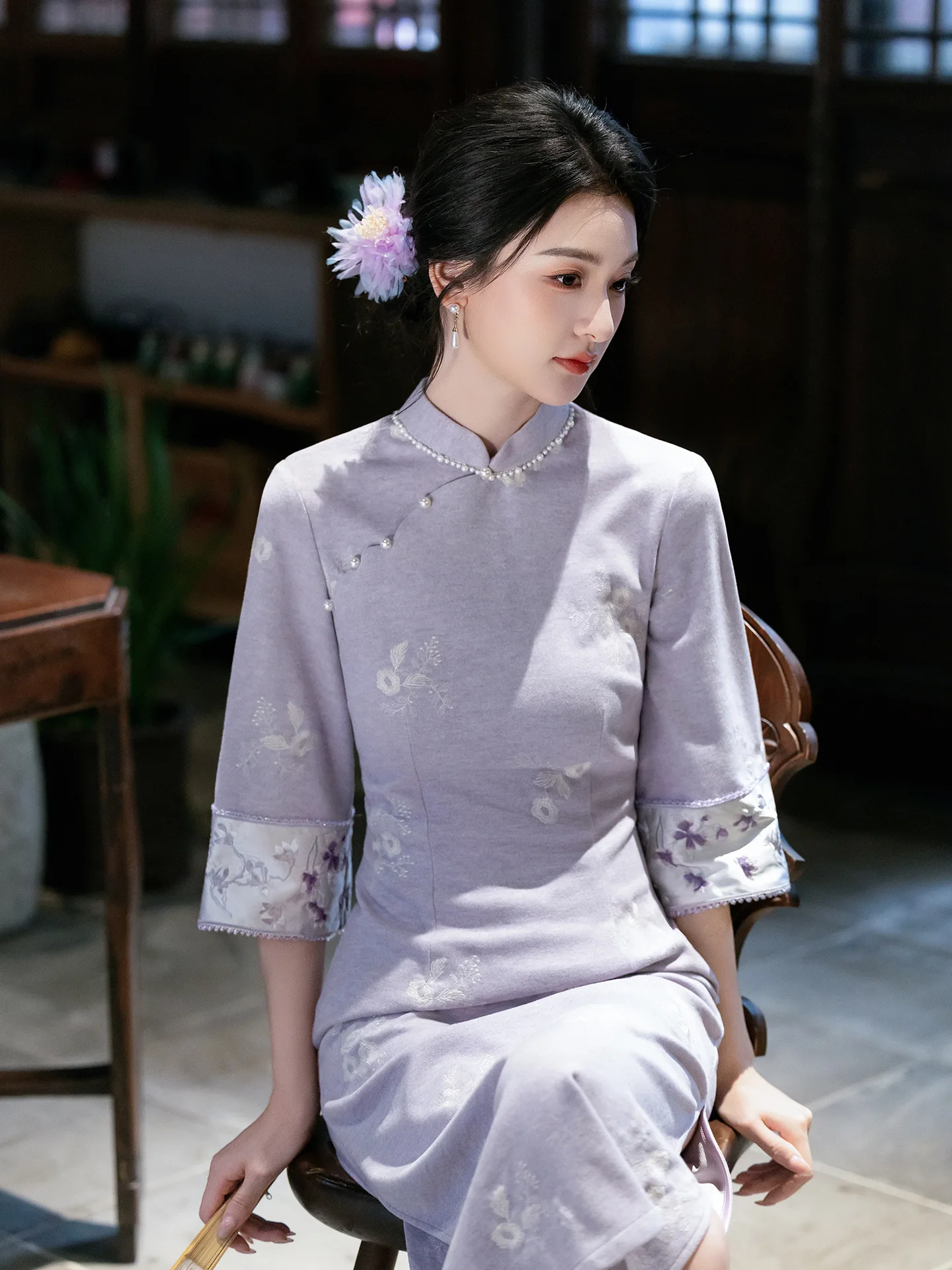 Retro Old Shanghai Chinese Style Three-quarter Sleeve Autumn Embroidery Long Cheongsam