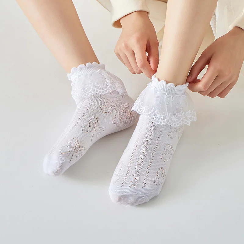 5Pairs/lot Children's Girls Summer Thin Socks Lace Ruffle Princess Mesh Kids Socks 2024 New Cotton 5 Colours Toddler Baby Socks