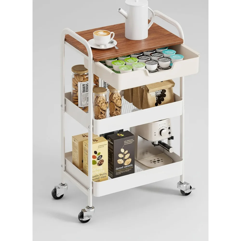 

3-уровневая тележка на колесиках с деревянной столешницей и ящиком, мобильный органайзер для кухни, офиса, общежития