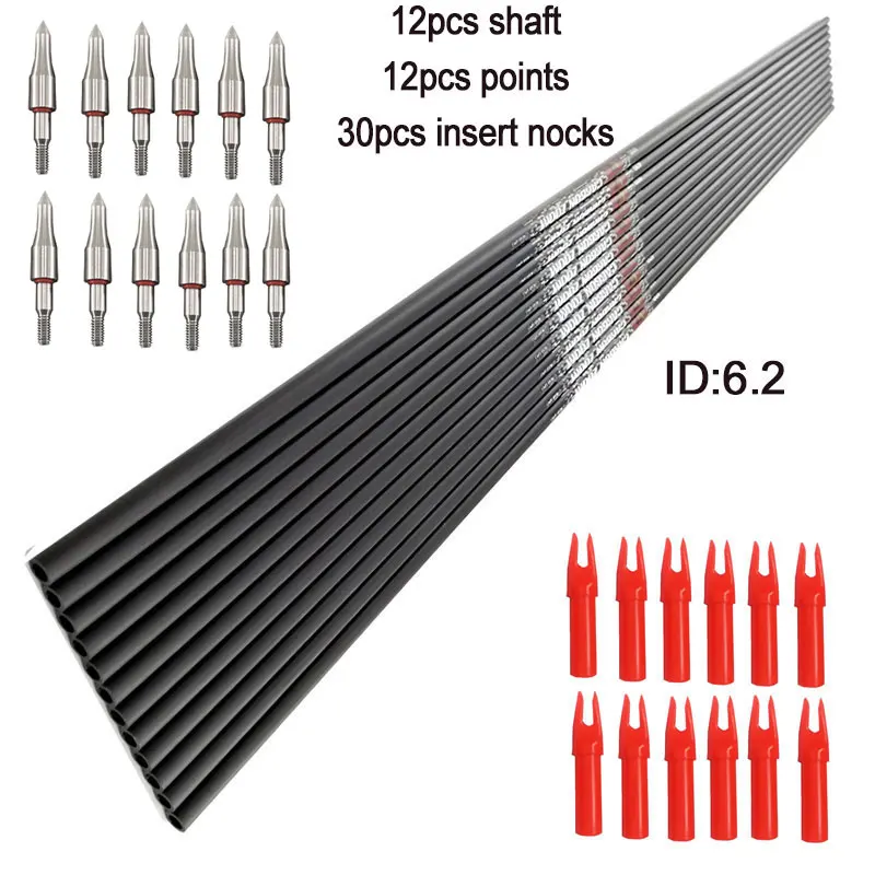 Tiro com arco Carbono Setas Eixos para Caça, Dicas de Alta Qualidade, 100 Grãos, DIY, Acessórios, 300-800, ID6.2mm, 12Pcs