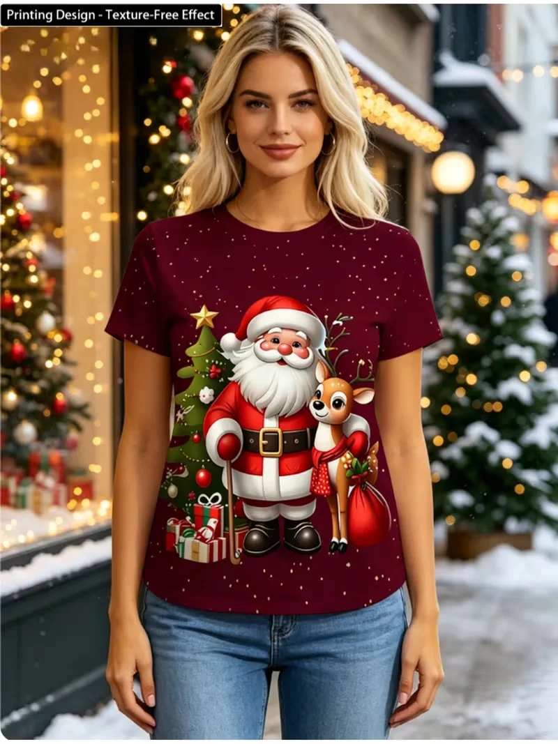 Women's short sleeved round neck casual T-shirt, 3D fun Santa Claus printed top, XXS-3XL plus size women's T-shirt