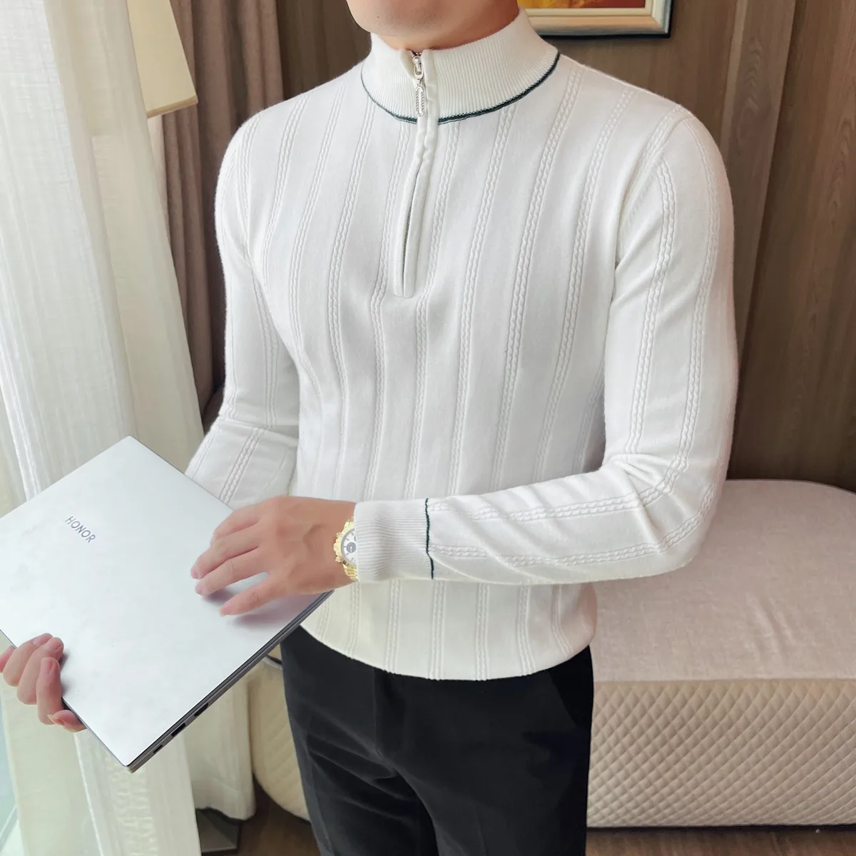 2025 Men's Half High Collar Zipper Knit Sweater Autumn Winter Slim Elastic Base Shirt Sweater Striped Pullover Men's Clothing