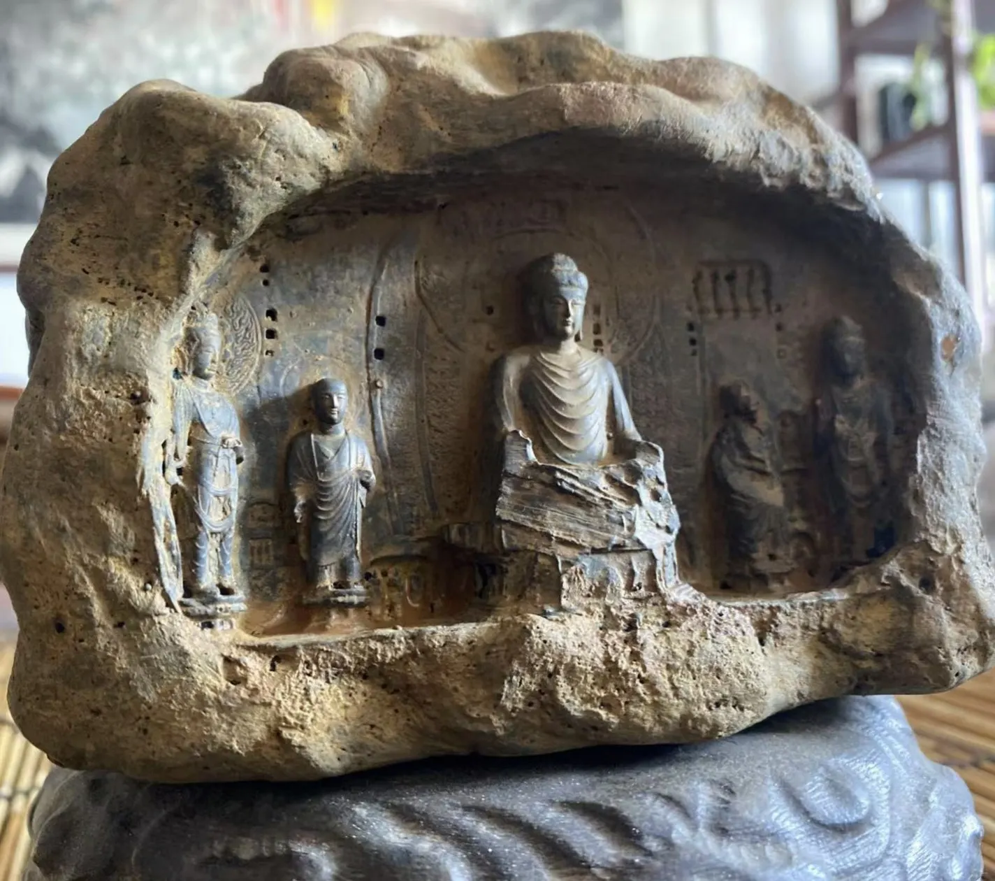 Vintage stone carving Vairocana Buddha statue Zen inspired study tea ceremony tea table accessories handicraft