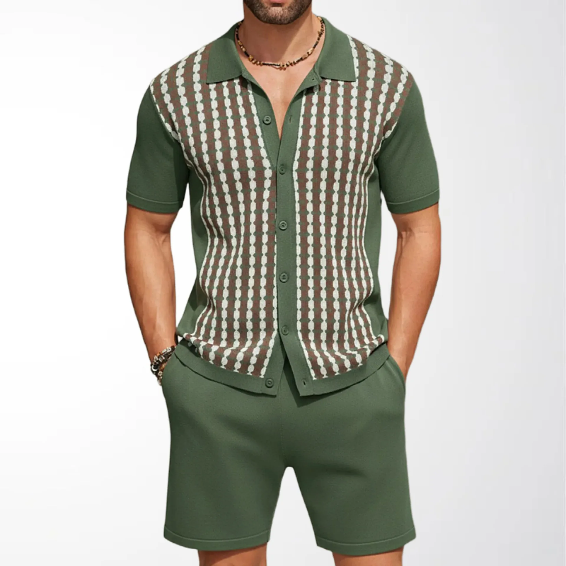 

Мужской повседневный комплект из трикотажной рубашки и шорт из ледяного шелка с вышивкой, летняя спортивная одежда из полиэфирного волокна