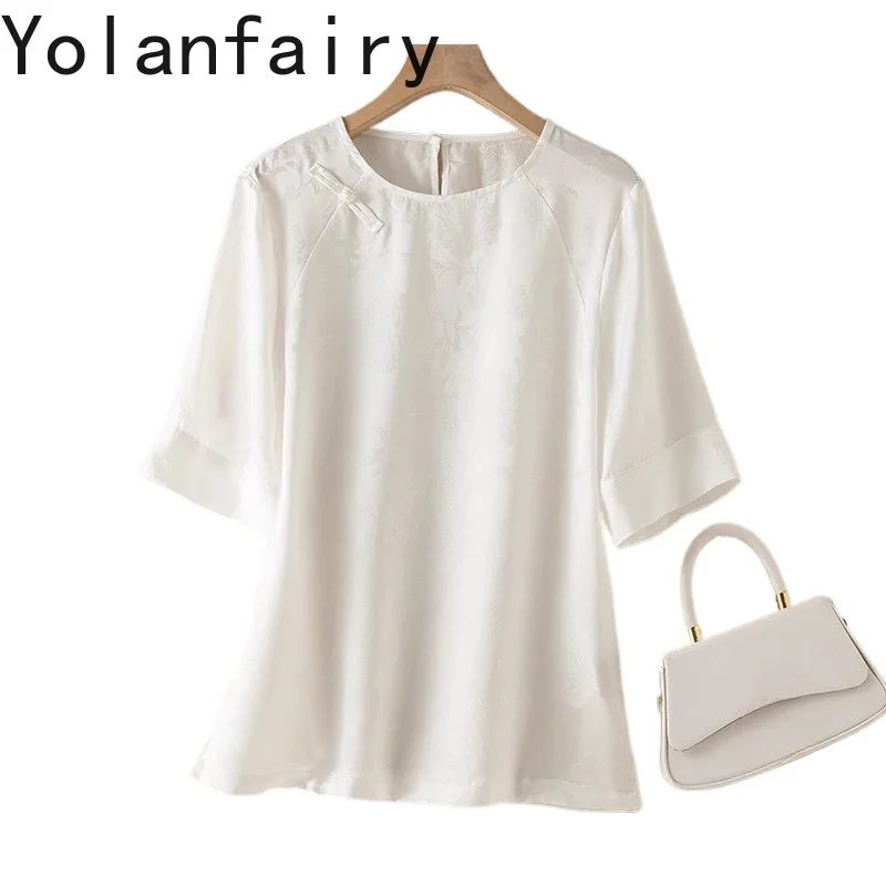 

YOLANFAIRY 100% Genuine Mulberry Silk Blouse for Woman Chinese-style Summer Tops Loose Shirts Female Elegant White Shirt Camisas
