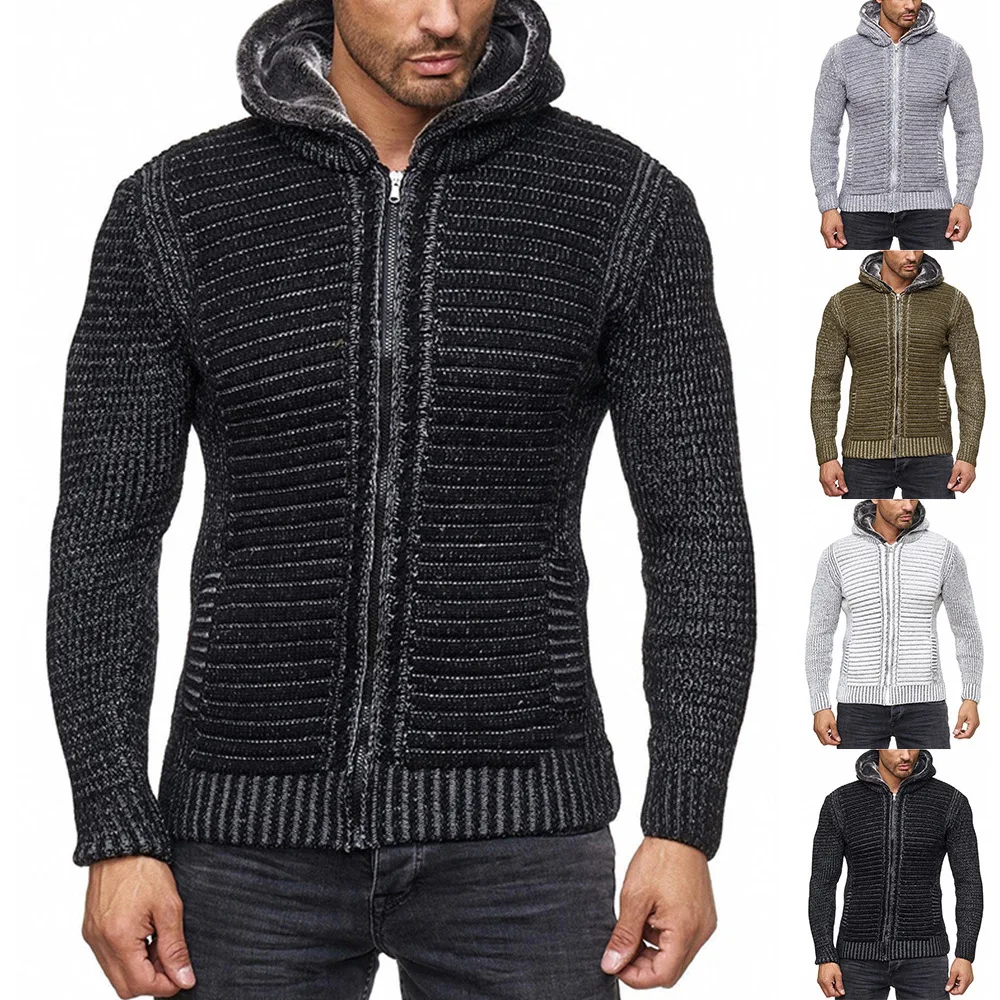 

Autumn And Winter New Sweater Cardigan Men's Slim-fit Color Matching Long-sleeved Hooded Knitted Jacket Men's Clothing