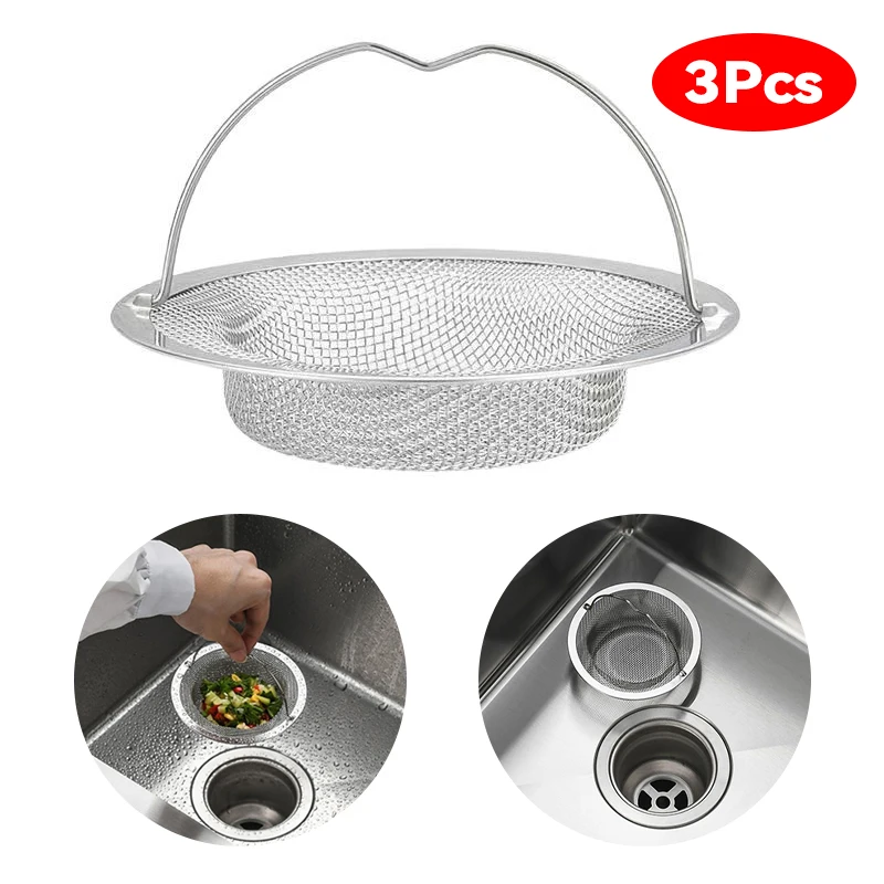 

3 шт. сито для кухонной мойки с ручкой и пробкой, сменная сливная корзина, сетчатый фильтр из нержавеющей стали, отверстие для отходов