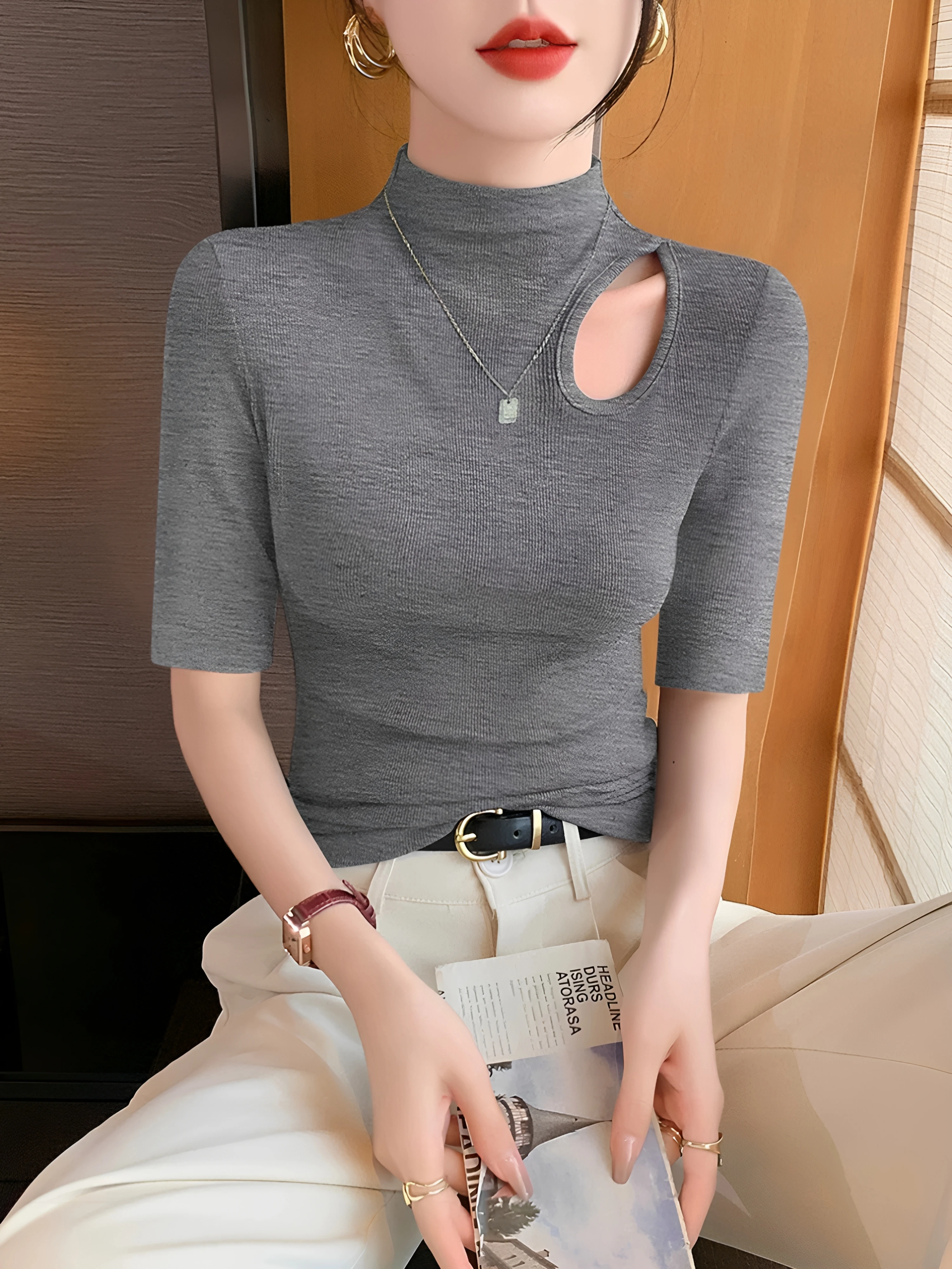 

Women's Mid-Sleeve Hollow out T-Shirt Half High Collar Slim Fit Base Shirt Summer Simple Style Pure Color V-Neck Top
